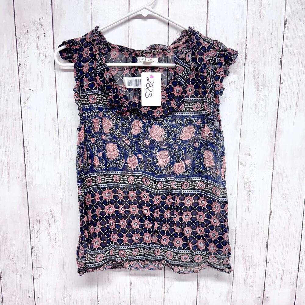 Velvet Shirt Women Size Small Multi Ruffle Scoop Neck Short Sleeve Blouse Boho